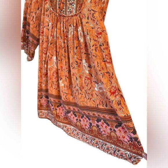 Boho Orange Floral Relaxed Flowy Peasant Sleeves Front Tie ‘60s Vibe Dress - Picture 4 of 8